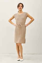 Beige Waffle Knit Sash Tie Short Sleeve Dress