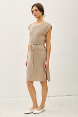 Beige Waffle Knit Sash Tie Short Sleeve Dress