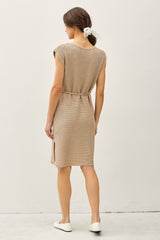 Beige Waffle Knit Sash Tie Short Sleeve Dress