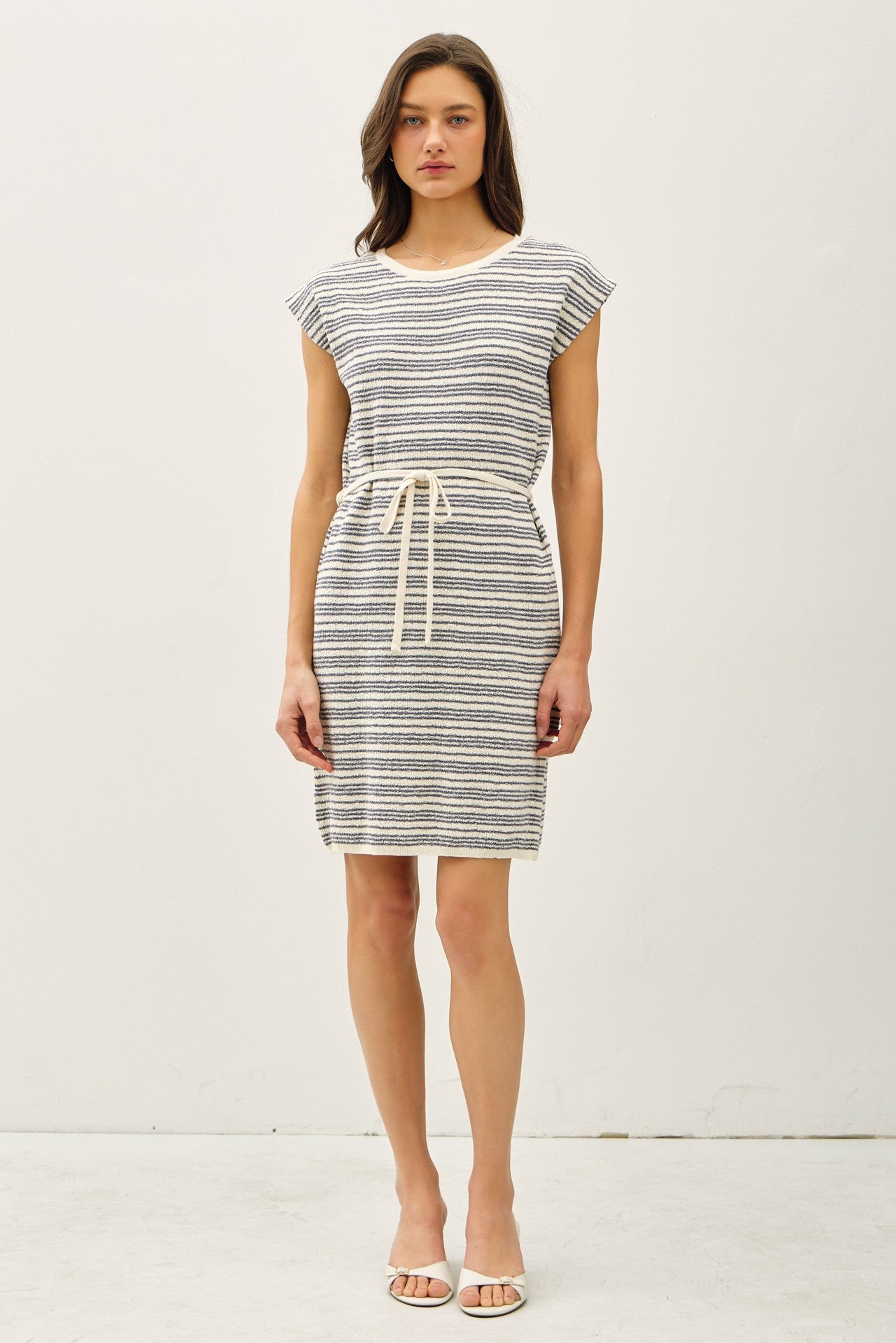 Blue Striped Knit Sash Tie Maternity Dress