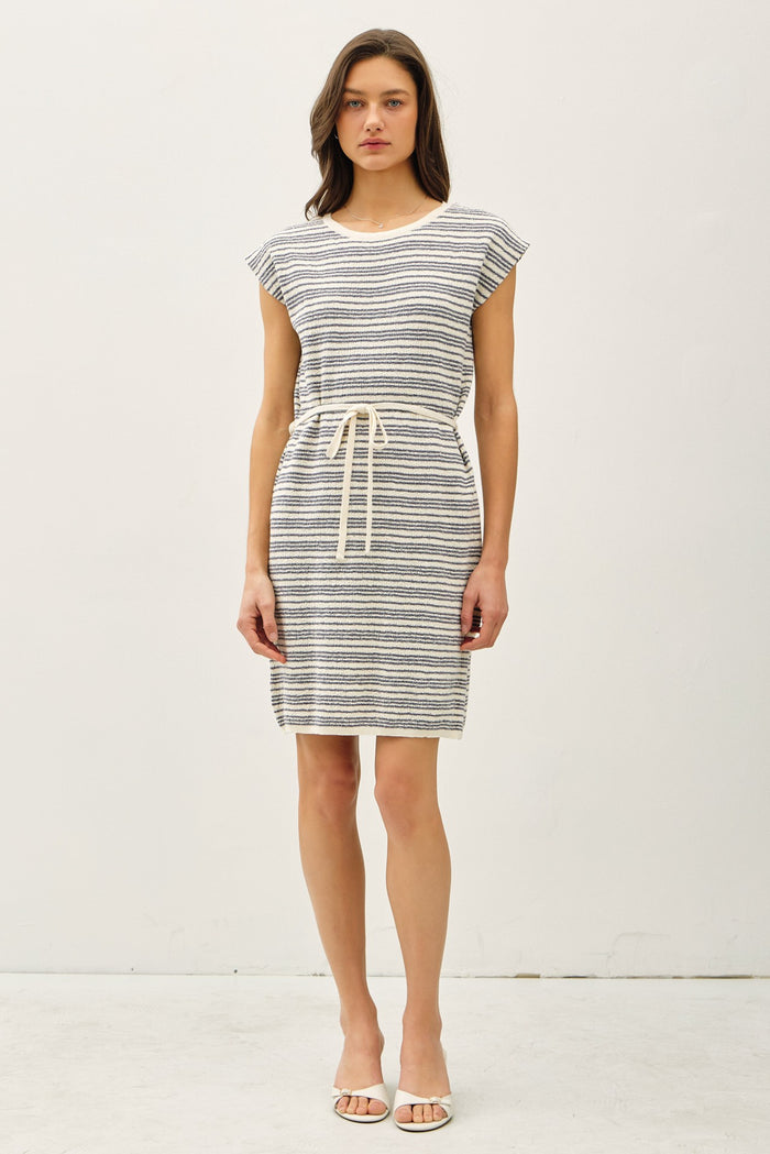 Blue Striped Knit Sash Tie Dress