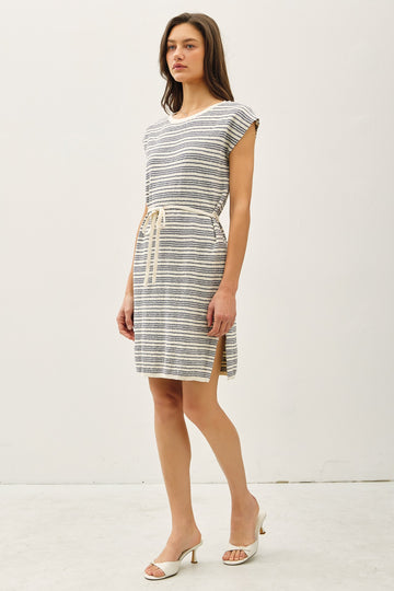 Blue Striped Knit Sash Tie Dress