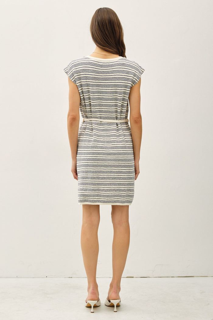 Blue Striped Knit Sash Tie Dress