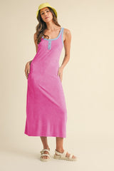 Fuchsia Contrast Trim Terry Knit Sleeveless Maternity Dress