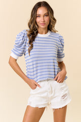 Blue Textured Stripe Puff Sleeve Top