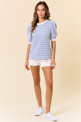 Blue Textured Stripe Puff Sleeve Top