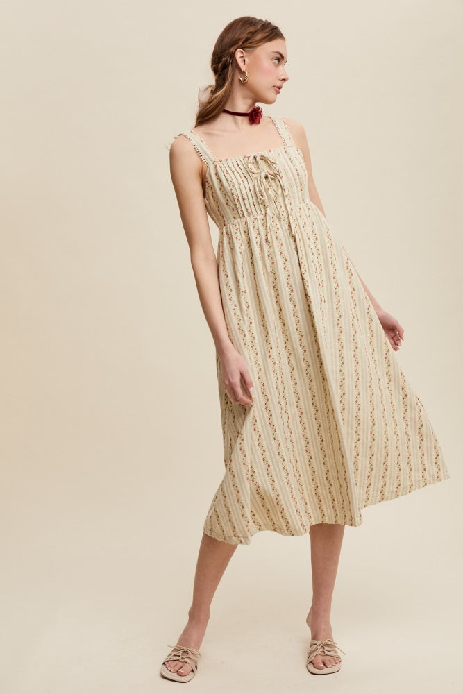 Light Olive Floral Embroidered Striped Midi Dress