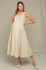 Light Olive Floral Embroidered Striped Maternity Midi Dress
