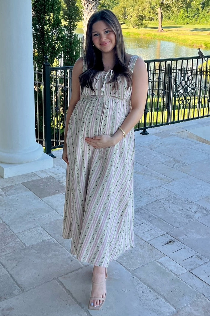 Pink Floral Embroidered Striped Maternity Midi Dress