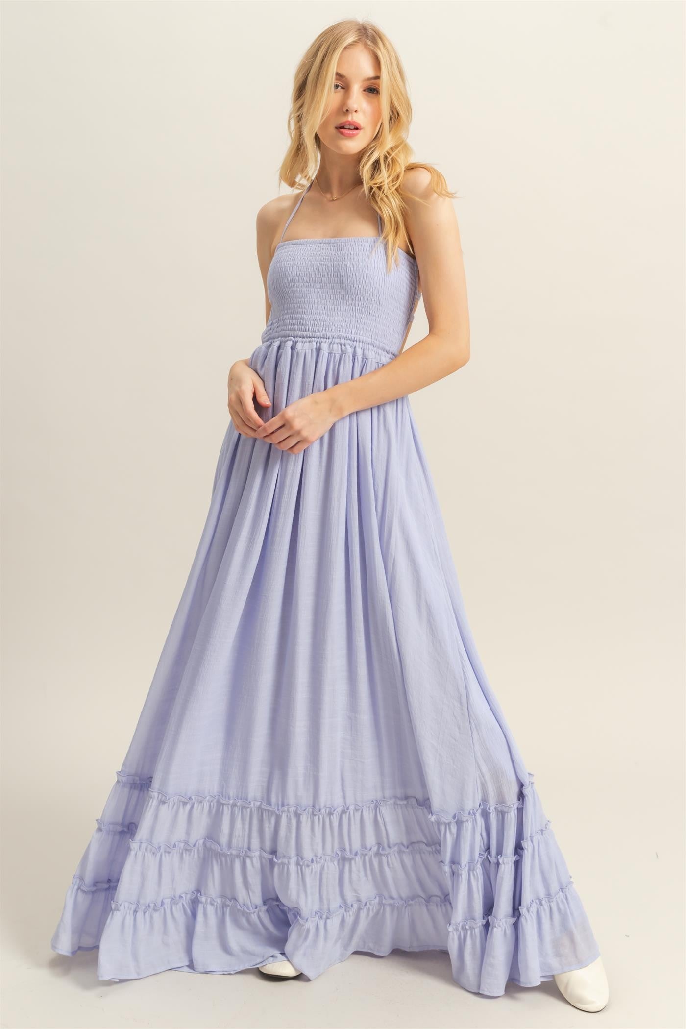 Lavender Halter Neck Smocked Tiered Hem Maxi Dress