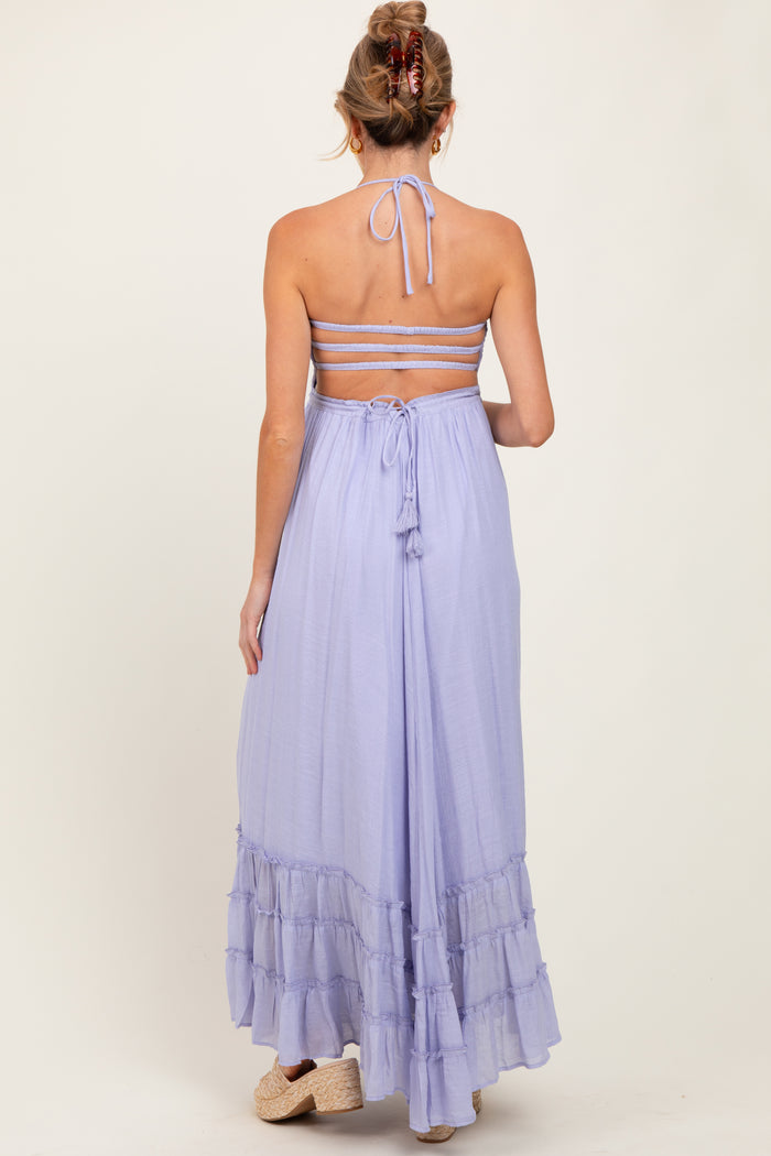 Lavender Halter Neck Smocked Tiered Hem Maternity Maxi Dress