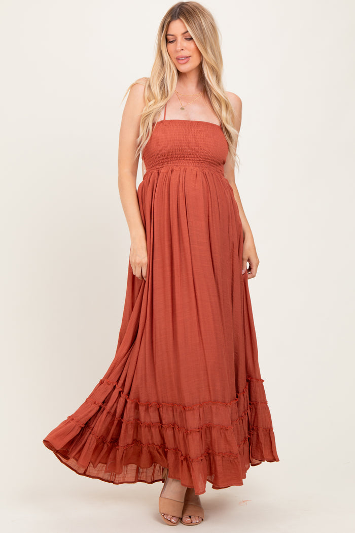 Rust Halter Neck Smocked Tiered Hem Maternity Maxi Dress