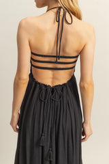 Black Halter Neck Smocked Tiered Hem Maxi Dress