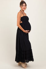 Black Halter Neck Smocked Tiered Hem Maternity Maxi Dress