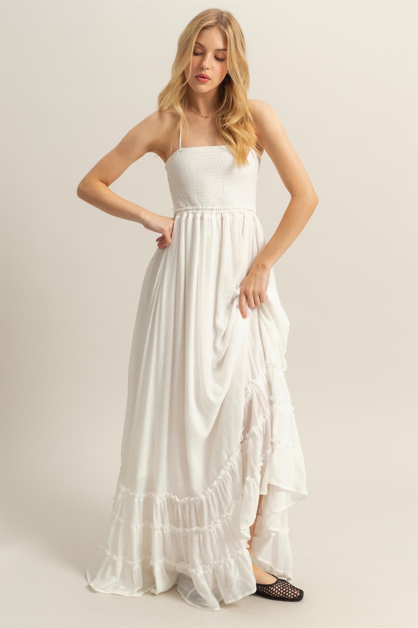 White Halter Neck Smocked Tiered Hem Maternity Maxi Dress