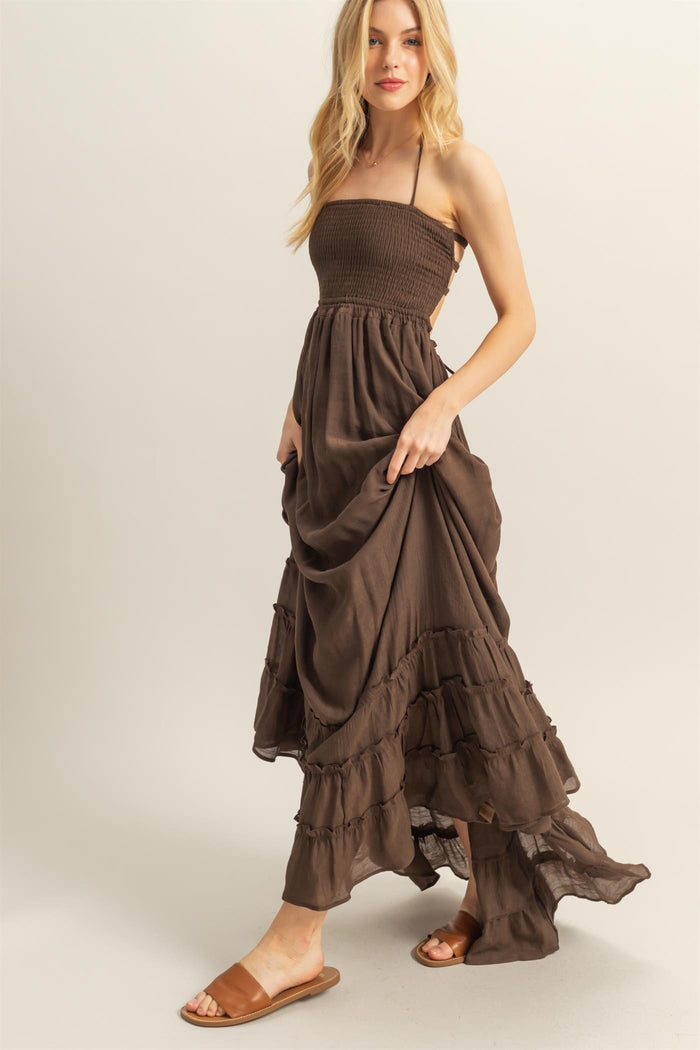 Brown Halter Neck Smocked Tiered Hem Maxi Dress