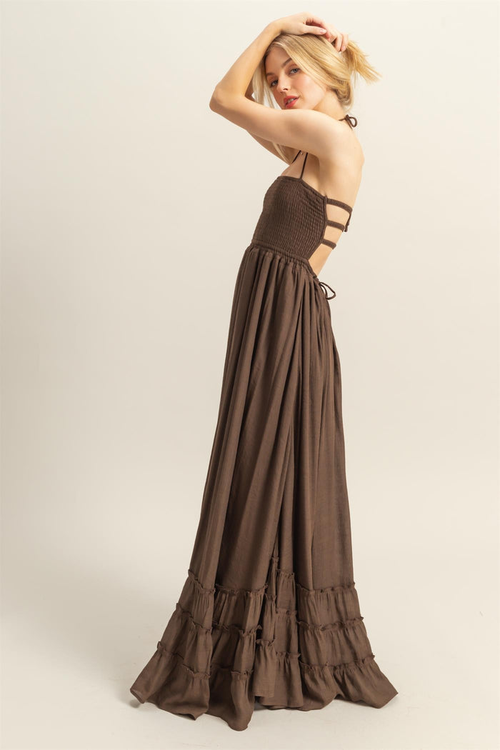 Brown Halter Neck Smocked Tiered Hem Maxi Dress