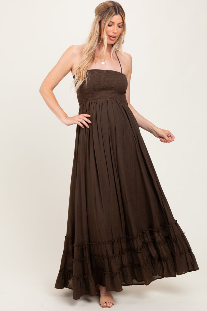 Brown Halter Neck Smocked Tiered Hem Maternity Maxi Dress