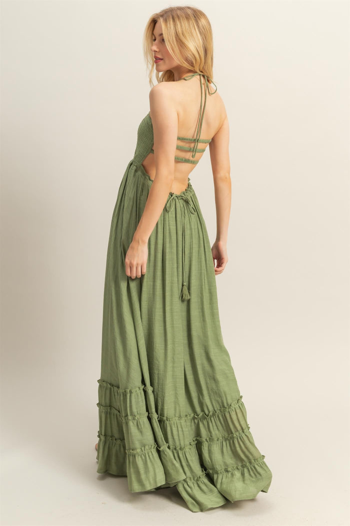 Light Olive Halter Neck Smocked Tiered Hem Maxi Dress