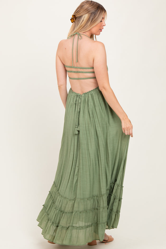 Light Olive Halter Neck Smocked Tiered Hem Maternity Maxi Dress