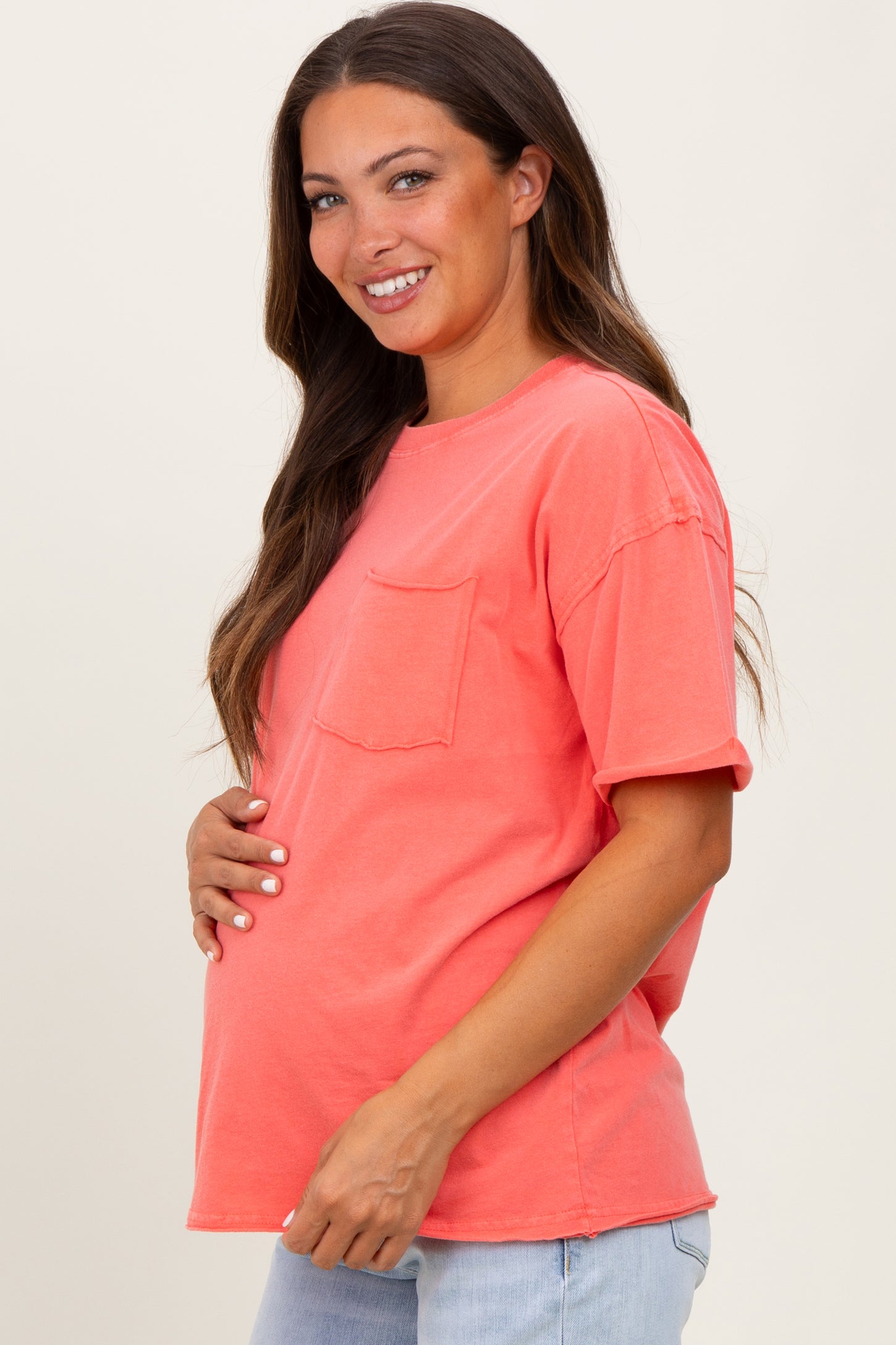 Coral Short Sleeve Front Pocket Tunic Maternity Top