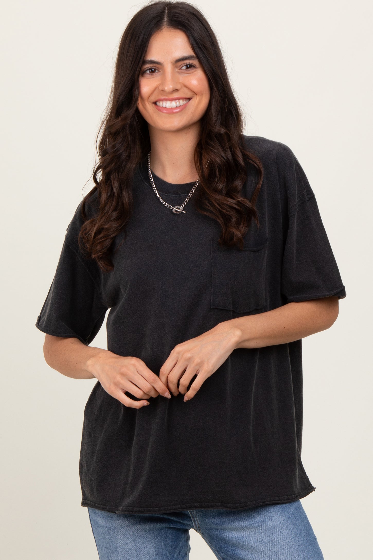 Black Short Sleeve Front Pocket Tunic Top