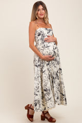 Cream Spaghetti Strap Printed A-Line Maternity Midi Dress