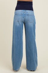 Blue Distressed Hem Super Wide Leg Maternity Jeans