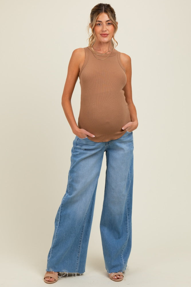 Blue Distressed Hem Super Wide Leg Maternity Jeans