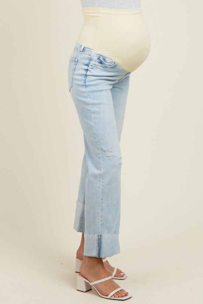 Light Blue Distressed Cropped Cuffed Maternity Straight Leg Jeans
