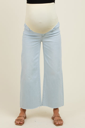 Light Blue Raw Hem Cropped Wide Leg Maternity Jeans