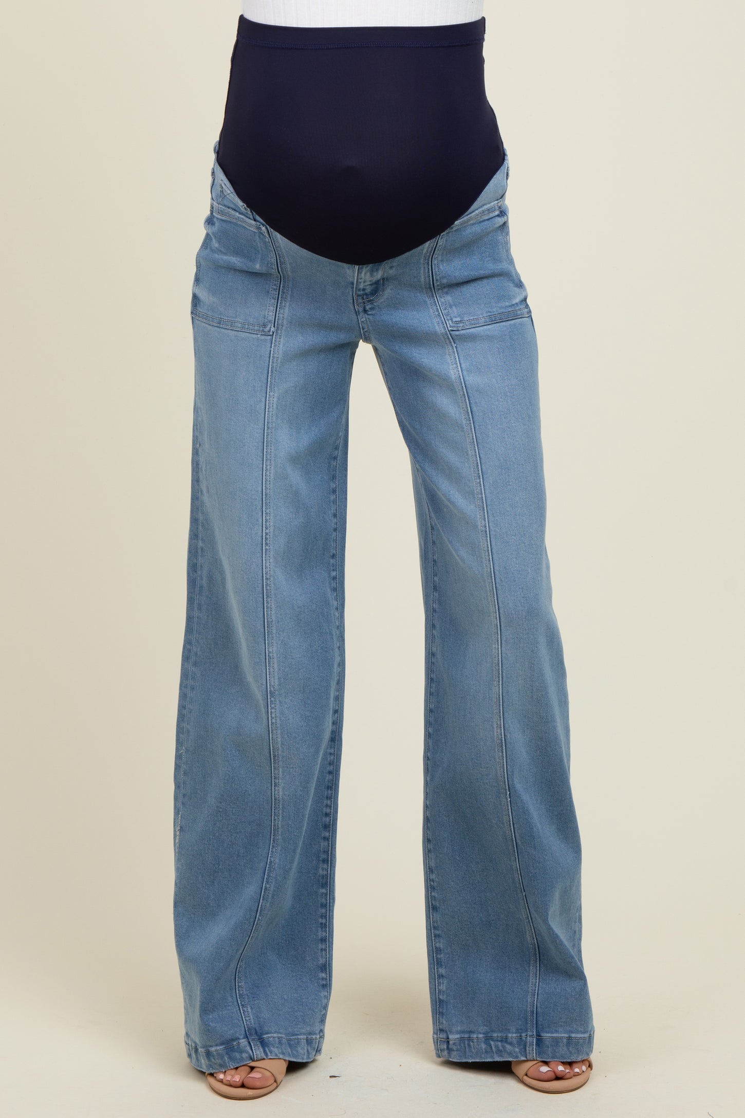 Blue Front Seam Super Wide Leg Maternity Jeans
