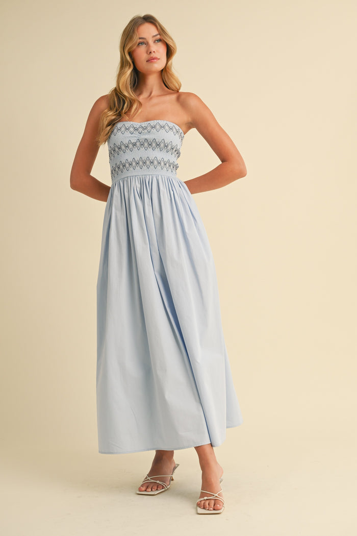 Light Blue Embroidered Strapless Smocked Bodice Flared Midi Dress