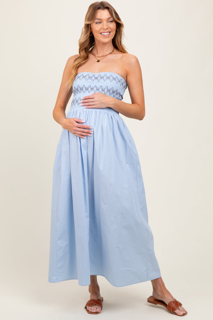Light Blue Embroidered Strapless Smocked Bodice Flared Maternity Midi Dress