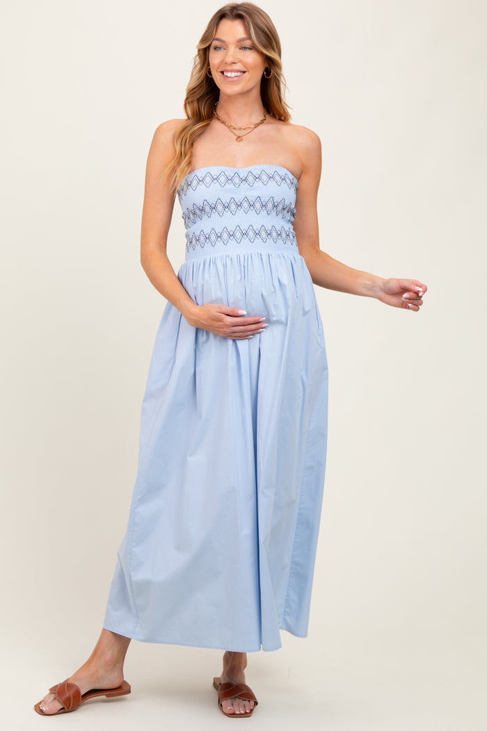 Light Blue Embroidered Strapless Smocked Bodice Flared Maternity Midi Dress