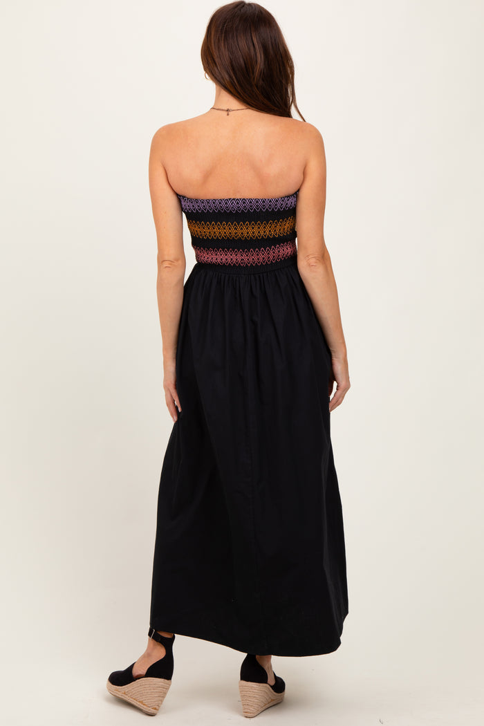 Black Embroidered Strapless Smocked Bodice Flared Midi Dress