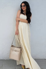 Beige Striped Sleeveless Smocked Poplin Maternity Maxi Dress