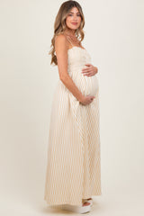 Beige Striped Sleeveless Smocked Poplin Maternity Maxi Dress