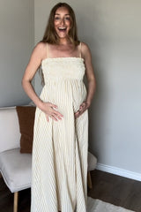 Beige Striped Sleeveless Smocked Poplin Maternity Maxi Dress