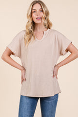 Beige Ribbed Notched Neckline Maternity Top