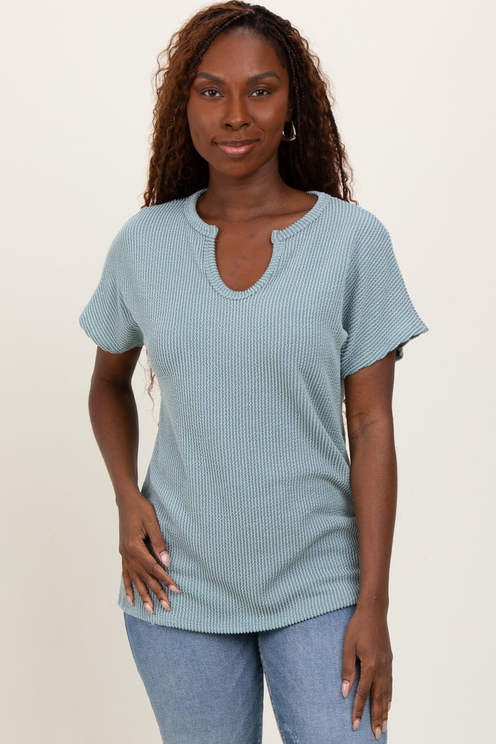 Mint Green Ribbed Notched Neckline Top