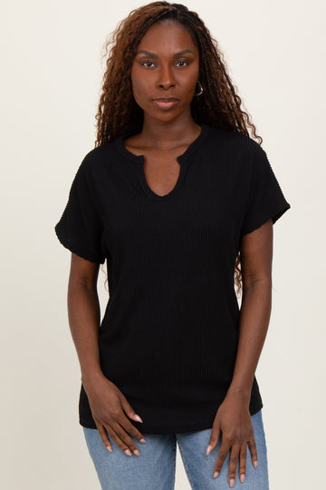 Black Ribbed Notched Neckline Top
