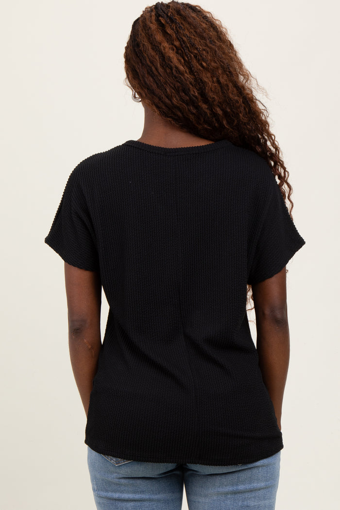 Black Ribbed Notched Neckline Top