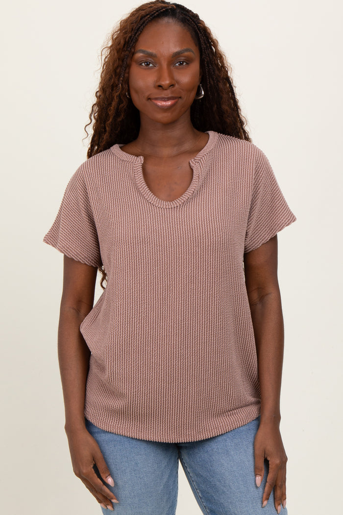 Mocha Ribbed Notched Neckline Top