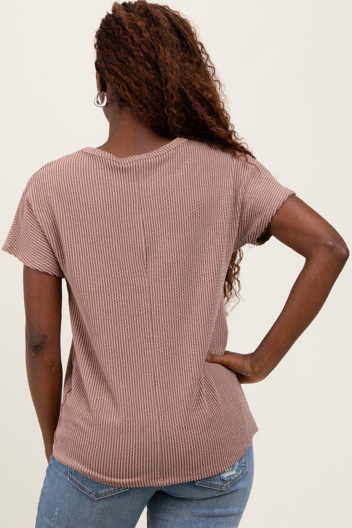 Mocha Ribbed Notched Neckline Top