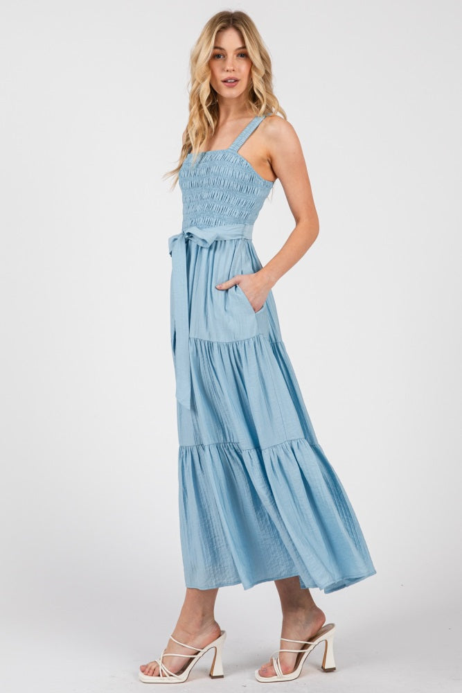 Light Blue Smocked Tiered Midi Dress