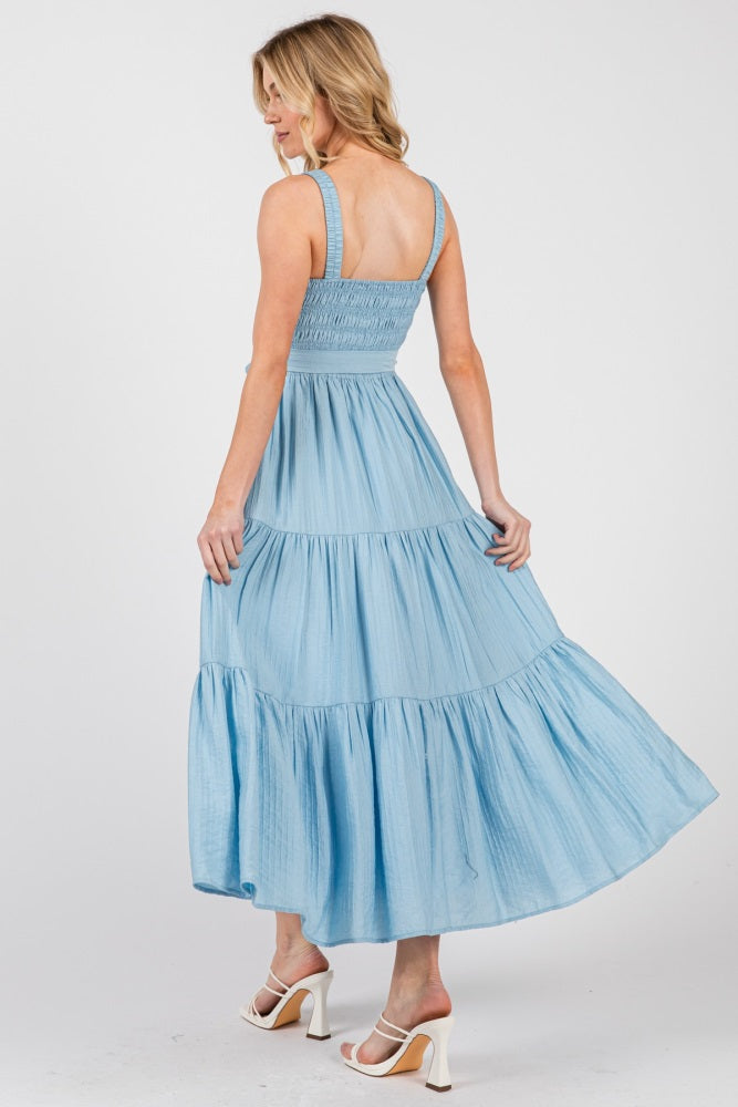 Light Blue Smocked Tiered Midi Dress