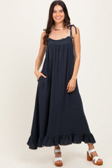Navy Scallop Trim Shoulder Tie Maxi Dress