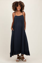 Navy Scallop Trim Shoulder Tie Maternity Maxi Dress