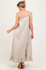 Beige Scallop Trim Shoulder Tie Maternity Maxi Dress